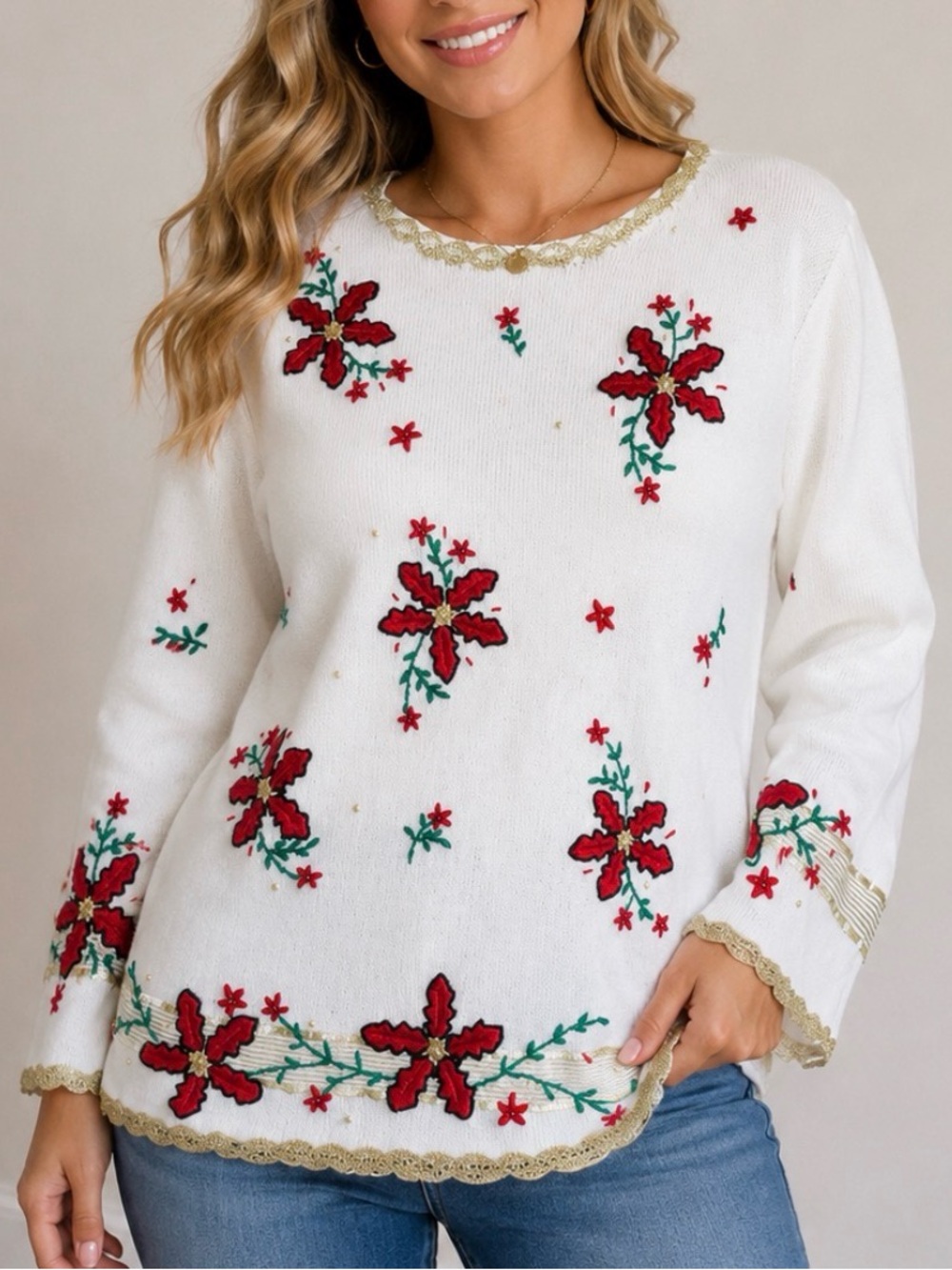 Studio White Sweater Red Poinsettia Embroidery Gold Trim Christmas Holiday SZ PL